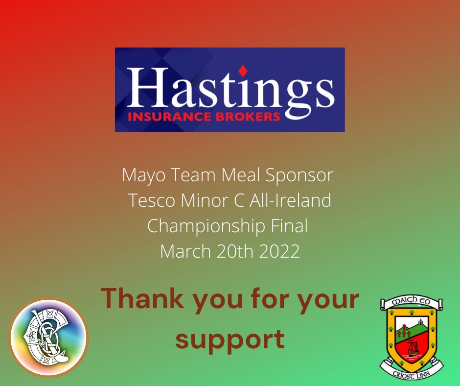 Mayocamogie's tweet photo. Thanks to #HastingsInsurance for their generous sponsorship of our Minor team meal today. As our players take on an All-Ireland final the food will be much appreciated #supportlocal #supporthersport https://t.co/5Gr4LKlpIK