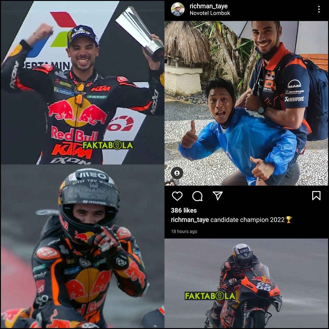 Miguel Oliviera  usai dapat podium di MotoGP Mandalika: "Saya berikan trofi ini untuk anak perempuan saya, saya berjanji kepadanya. Saya juga ingin dedikasikan podium juara ini untuk Risman (orang Indonesia). Staff hotel yang membantu saya, dia sangat baik!"

RESPECT!