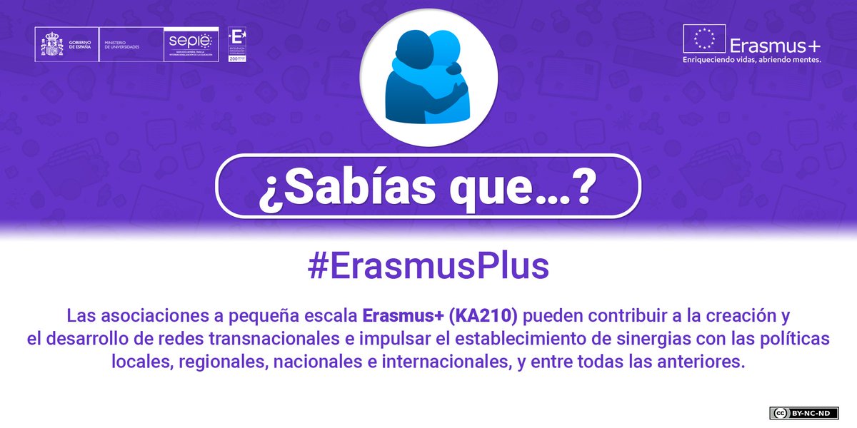 sepiegob's tweet photo. Las asociaciones a pequeña escala #ErasmusPlus KA210 pueden contribuir a la creación y el desarrollo de redes transnacionales e impulsar el establecimiento de sinergias con las políticas locales, regionales, nacionales e internacionales, y entre todas las anteriores. https://t.co/kFAZmjMHX0