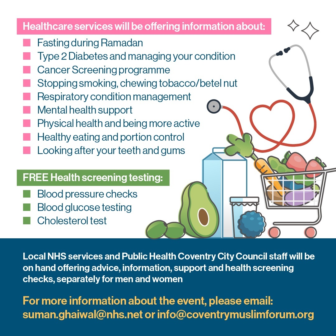 Head down to the health and wellbeing event at Coventry Muslim Resource Centre TODAY. Hear from healthcare professionals on topics including diabetes prevention, cancer screening, mental health support, Ramadan, stop smoking, and oral health.