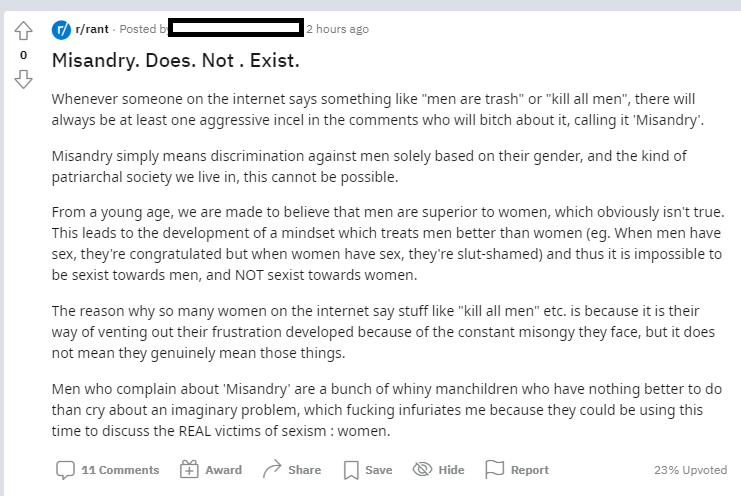 GwenEvaBearLuvs's tweet photo. If true, this means—
· all males are treated with respect and reverence
· males have never been discriminated against for being male
· no one has ever said "I hate men" or tweeted KAM

Denying the existence of misandry IS MISANDRY.

#SayNoToMisandry #FeminismIsCancer #SaveAllMen https://t.co/fMurt9V1Mo