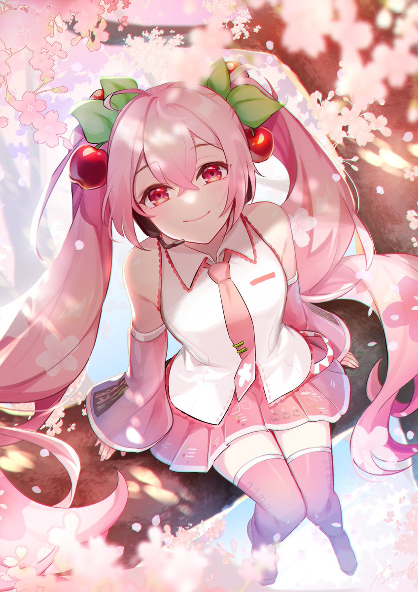 hatsune miku ,sakura miku 1girl solo cherry hair ornament twintails necktie pink hair long hair  illustration images