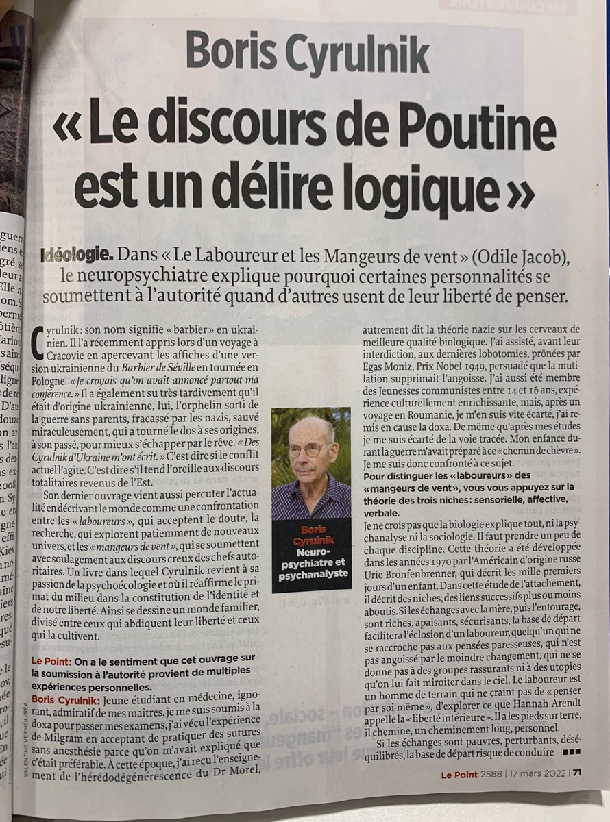 LegendumEst's tweet photo. « Le laboureur et les mangeurs de vent », Boris Cyrulnik (Le Point 17/3)

Le #laboureur accepte le doute, pense par lui-même, explore sa « liberté intérieure ». Le #mangeurdevent se soumet aux discours creux des chefs autoritaires (on en croise). #psychoécologie #Bronfenbrenner https://t.co/IAyP7WS9BV