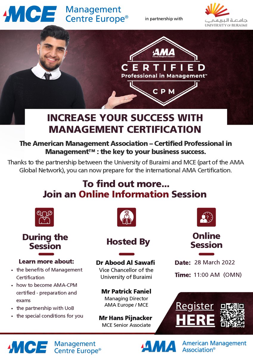 traininguob's tweet photo. You are invited to attend an info session of
#AMA-Certified Professional in Management (#CPM): the Key to Your Business Success
Registration link: https://t.co/cXWrcOMyJT
#professional #certification #learning #development #elearning
#traininguob #mcetraining
#Oman https://t.co/leQ6qKBB31