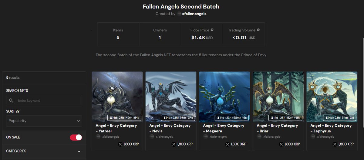 FALLENS!!!
Second Batch of XFallen Angels NFT's has been Minted at Sologenic Market Place. The Five Lieutenants under the Order of The Prince of Envy.