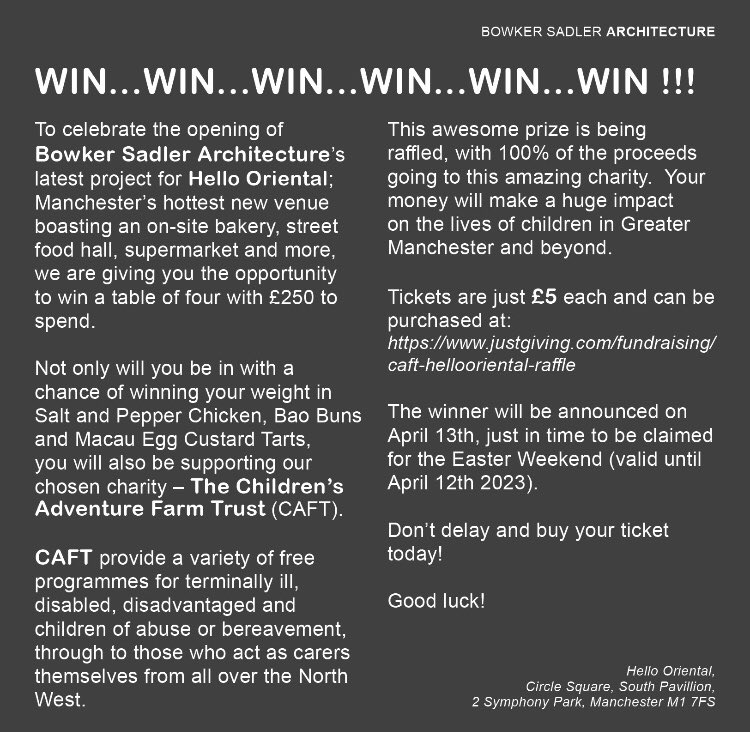 Anita_Chan_'s tweet photo. @CityLifeManc If you haven’t visited @HelloOriental yet, @BowkerSadler are raffling tickets to win £250 to spend there.Only £5/ticket &amp; you would be supporting a great #charity @CAFTcharity Good luck! https://t.co/maLVxDPpCY