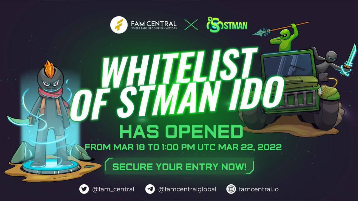 New Whitelist: STMAN × FamCentral
Allocation: ≤ 30 BUSD (TBA)
Winners: All Participants
End Date: 22nd March, 2022

🔗 Whitelist Bot: t.me/whitelistidost…

#Airdrop #Crypto #Bitcoin #BNB #AirdropAchiever #STMAN