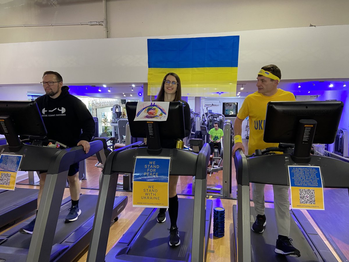 PT-FI Into last 15 minutes of 24hr treadmillathon for Fi the personal trainer Kim and I go to twice a week. £3,000 raised so far for a Ukraine children. just giving.com/pt-fi