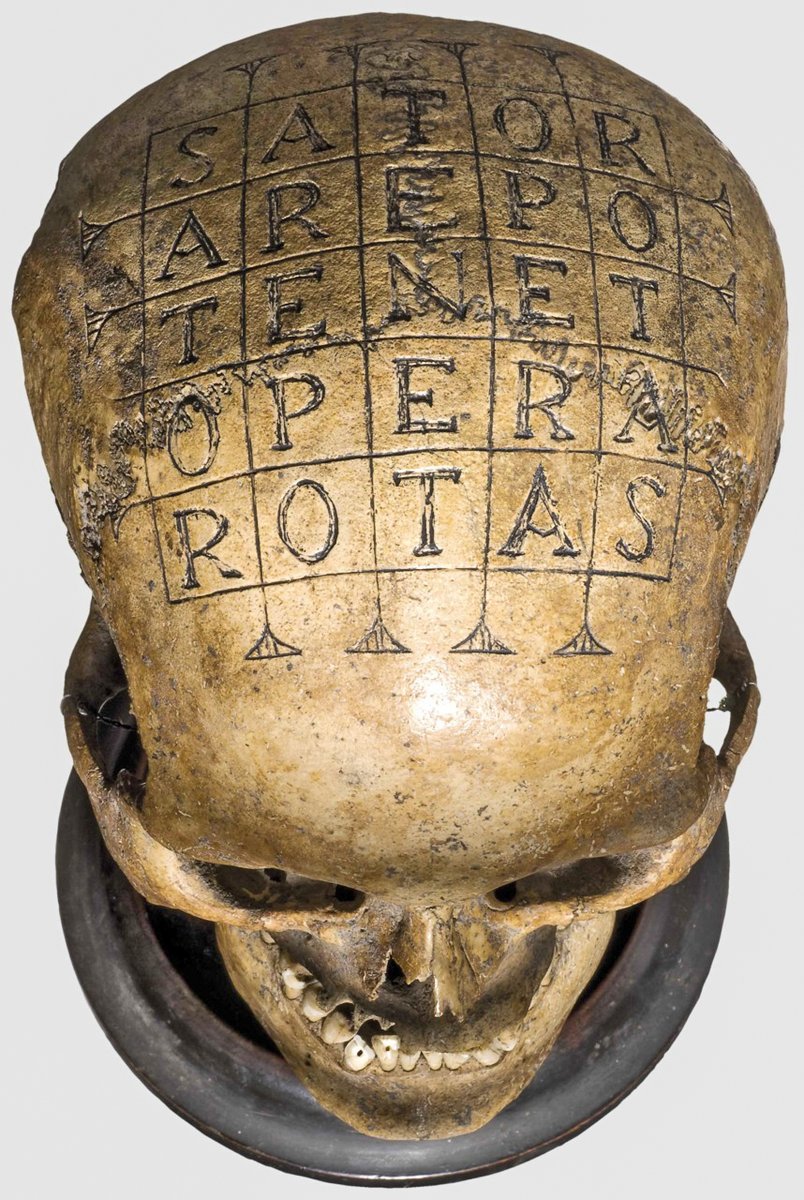 OptimoPrincipi's tweet image. A 16th century German 'oath skull' (a human skull on which defendants swore their oath in Vehmic courts) - engraved with the 'magical' Roman 'Sator square', mysterious palindromic word-squares found across the Roman world, comprising the words SATOR, AREPO, TENET, OPERA, ROTAS.
