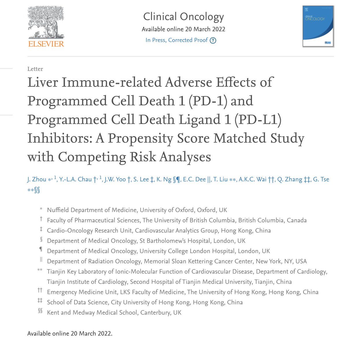 Our latest in @ClinOncology on #liver tox w PD-1 and PD-L1 inhibitors in >1700 #HongKong patients. Grateful for #multinational collaboration w @cvanalytics2015 @GaryTse1 @Kenrickng1 @JdongZhou @sharen212 & team! sciencedirect.com/science/articl…