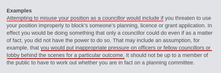 landatthebottom's tweet photo. I am reading the Councillor Code of Conduct from
@LGAcomms.
Very handily they have a number of examples of wrong doing.
Does this remind you orf anyone? Cllr Warren and her efforts to force through an XR faux eco hobby farm in an AONB?
https://t.co/MiLIBkTibO https://t.co/LPSxJ1wiO5