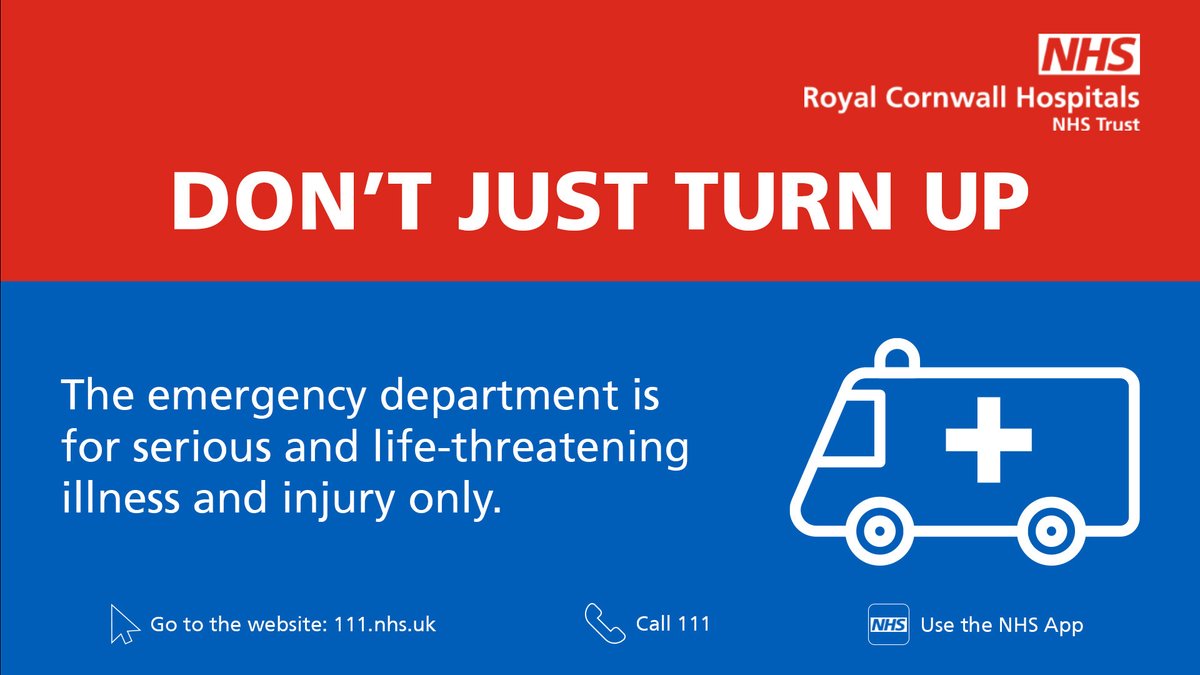 RCHTWeCare's tweet photo. The NHS in Cornwall is really busy at the moment, so remember:

📞 call your own GP for health advice
💊 visit a pharmacy for medication advice
🏥 contact NHS 111 before going to a hospital

🚨 Please only call 999 or go to the emergency department in a life-threatening emergency https://t.co/KQfMyVXGoH