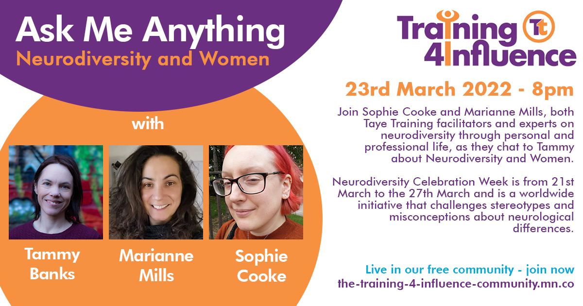 Did you know that that next week is #NeurodiversityCelebrationWeek? 💜 Join us in our free online community for an #AskMeAnything session on Neurodiversity and Women. You won't want to miss it!

bit.ly/3wfguv3 

#Training4Influence #NeurodiverseWomen #AMA #AskMeAnything