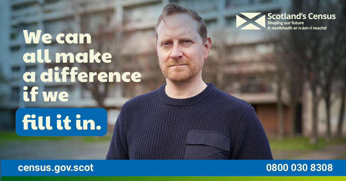 Today is Census Day #ScotlandsCensus2022 

Filling in the census helps us find out what your community really needs whether that’s employment, healthcare or other essential services. 

You can fill it in online at census.gov.scot