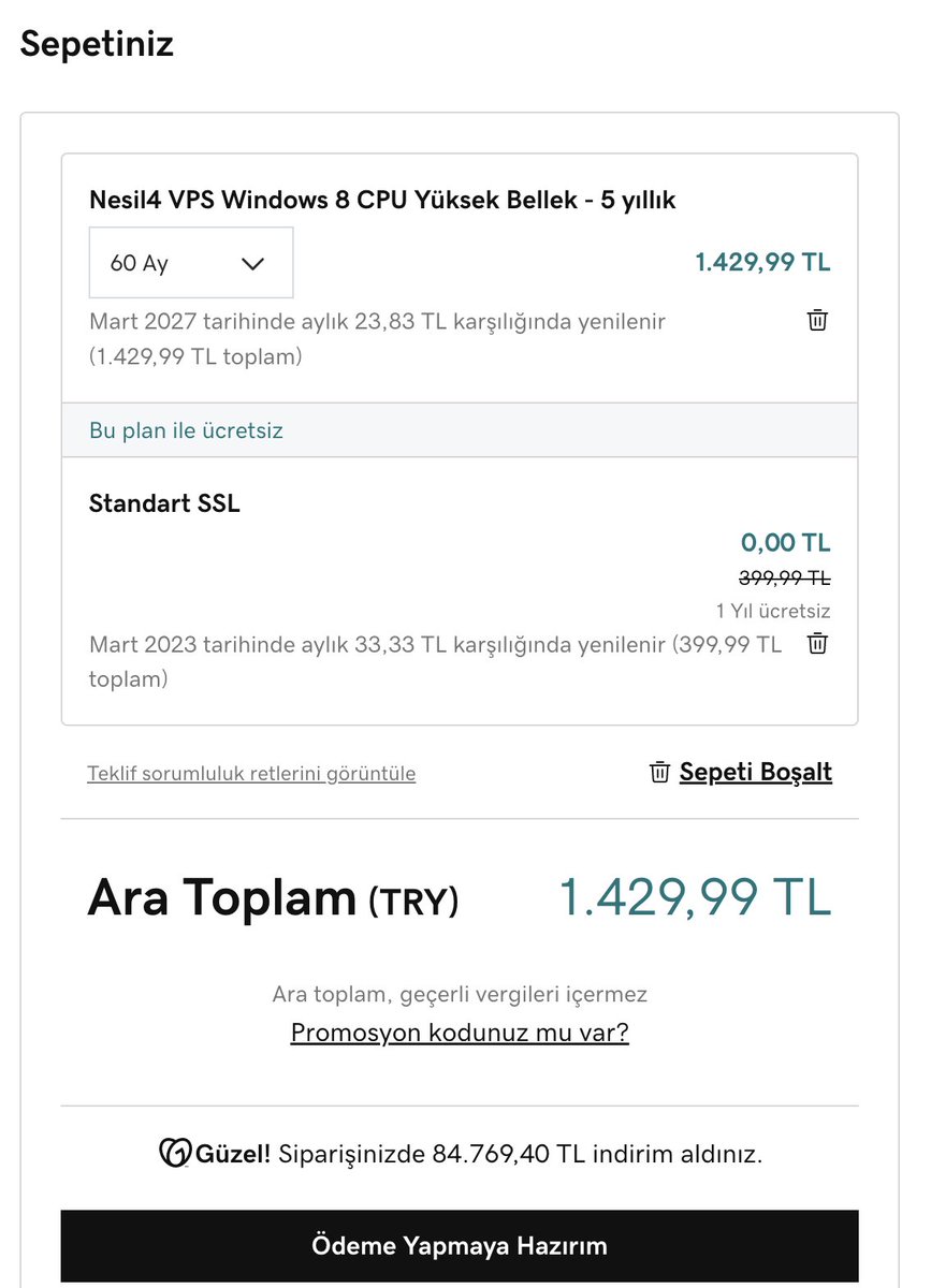 Godaddy'de şu an bir şey var -ne olduğunu çözemedim 😅- Aşağıdaki yüksek işlem gücüne sahip VPS Windows makinayı alırsanız 84 bin TL indirim uyguluyor, 5 yıllık VPS'e 1400 TL karşılığında sahip olabiliyorsunuz.