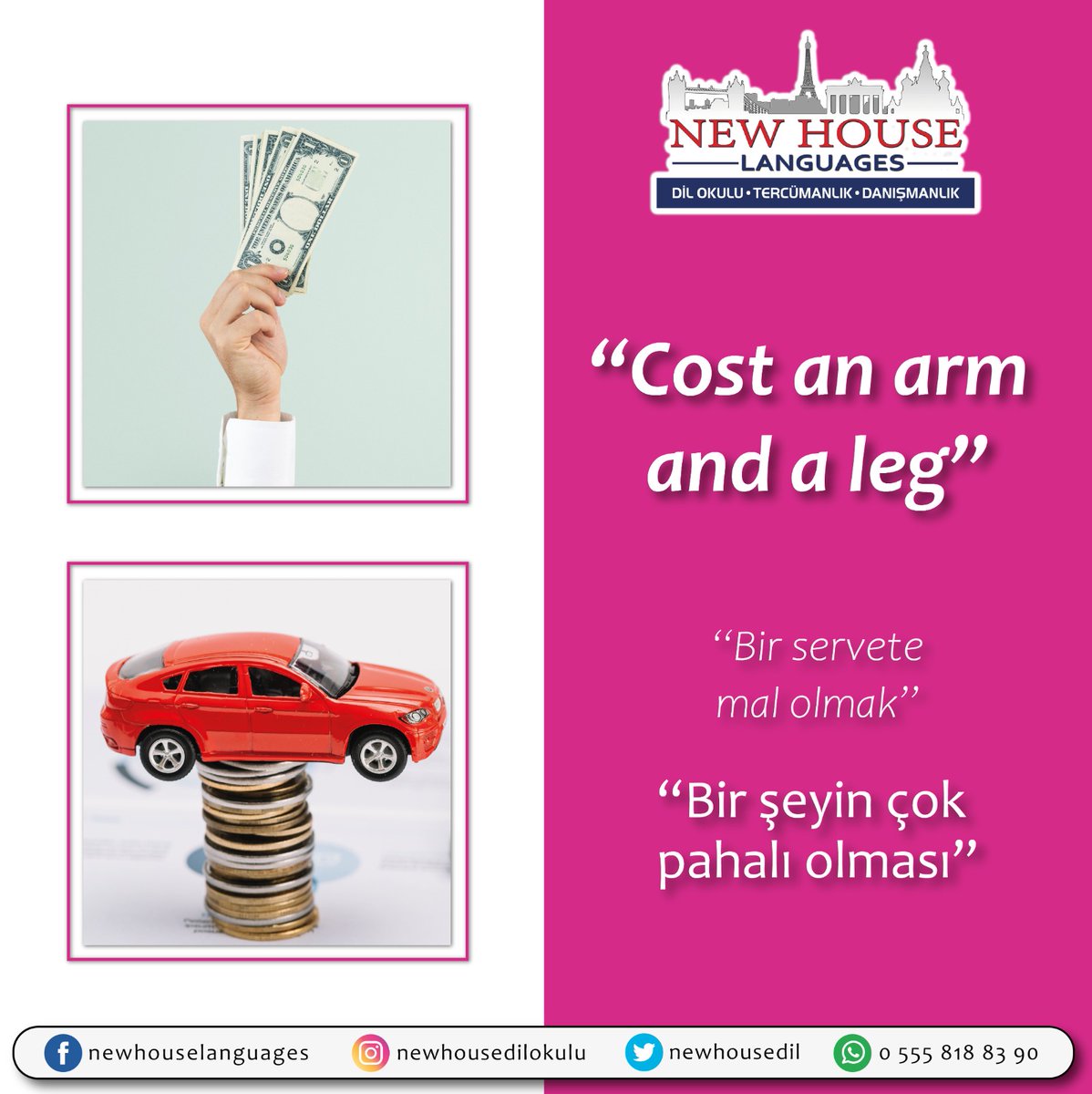 newhousedil's tweet photo. “Bir servete mal olmak”
deyiminin ingilizcedeki karşılığı,
“cost an arm and a leg” şeklindedir. 💰

Örnek verecek olursak;

I would really like to have a new house but probably it costs me an arm and a leg.
(Bir ev sahibi olmak isterdim ama muhtemelen bana bir servete mal olur.) https://t.co/jOzJmOREcp