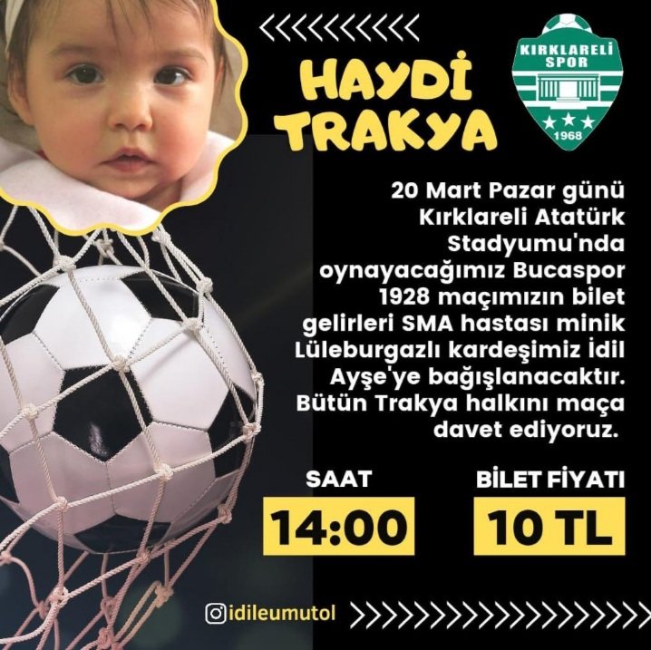buras_te's tweet photo. Maça gitmesende gişede biletini al İdil Ayşe'ye destek ol.
#Kırklareli #İdilAyse #sma #Kırklarelispor  &amp; #Bucaspor #Pazar #Trakya #idileumutol https://t.co/1E6NxO6ih8