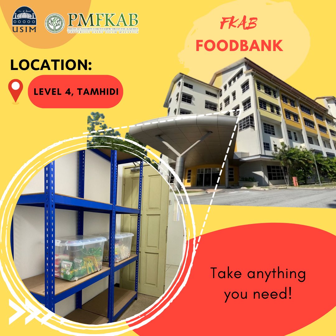 UsimPmfkab's tweet photo. [FKAB FOODBANK]
Assalamualaikum wbt.

Kami, PMFKAB telah menyediakan foodbank untuk mereka yang memerlukan.  Sumbangan ini adalah sumbangan daripada pelbagai pihak.

Terdapat 2 lokasi foodbank iaitu:
1. Aras 4, Tamhidi
2. Pintu masuk, Aras 1, FKAB https://t.co/TKtOF33GXg