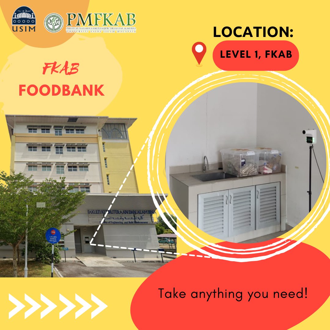 UsimPmfkab's tweet photo. [FKAB FOODBANK]
Assalamualaikum wbt.

Kami, PMFKAB telah menyediakan foodbank untuk mereka yang memerlukan.  Sumbangan ini adalah sumbangan daripada pelbagai pihak.

Terdapat 2 lokasi foodbank iaitu:
1. Aras 4, Tamhidi
2. Pintu masuk, Aras 1, FKAB https://t.co/TKtOF33GXg