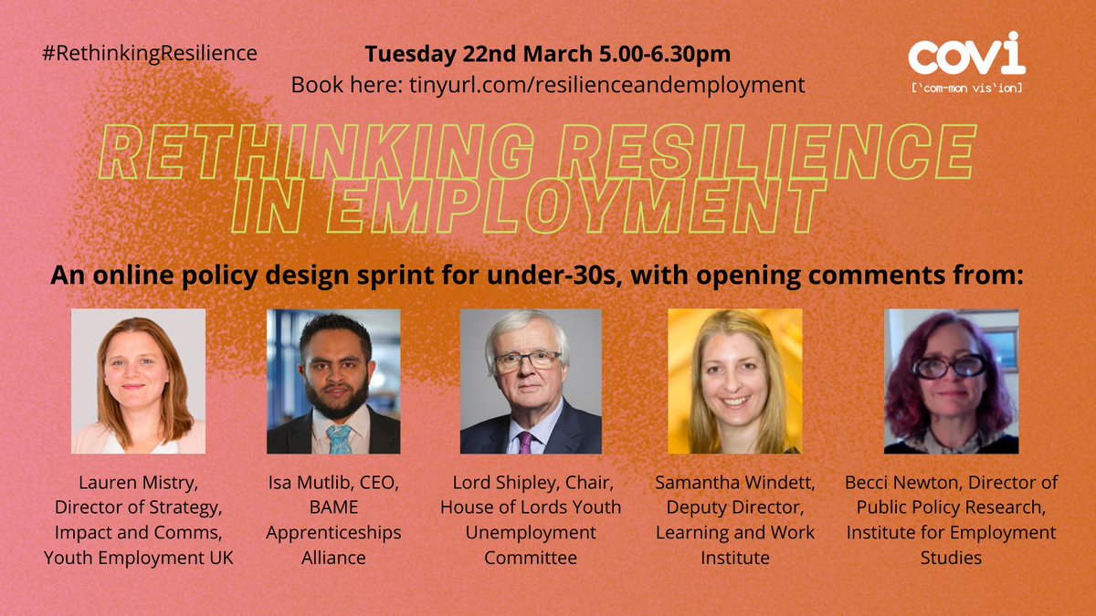 The last 2 years have taught us a lot about what #youngpeople need to feel resilient. How do we build on those lessons? Our first #RethinkingResilience policy sprint is on Tuesday on #employment #work #youthpolicy #youthvoice tinyurl.com/resilienceande…