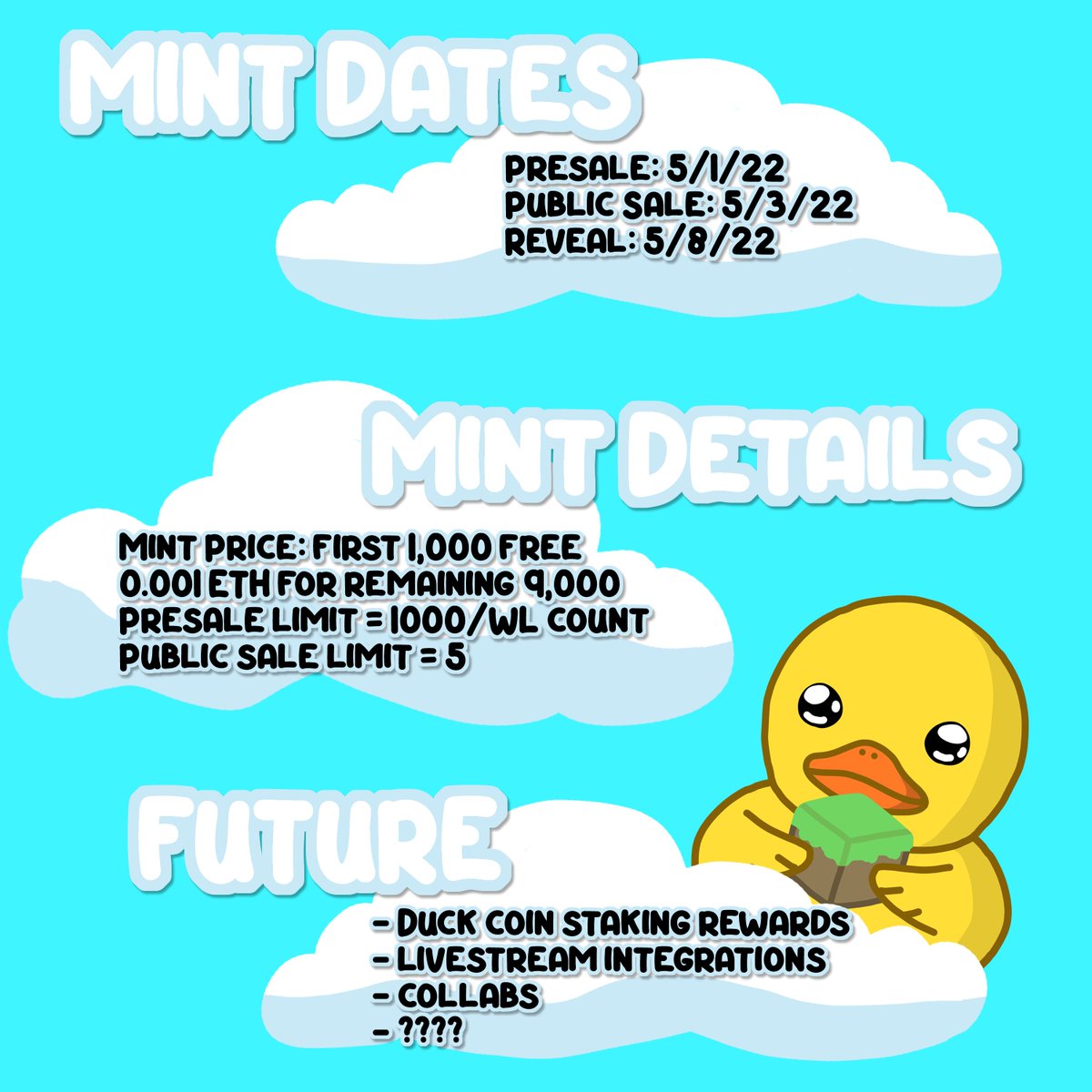 DuckBoxingNFT's tweet photo. 🗺️ ROADMAP 🗺️

1⃣ Presale: 5/1/22
2⃣ Pubsale: 5/3/22
3⃣ Reveal: 5/8/22

🚨 FIRST 1000 MINTS FREE 🚨

Presale mint limit will scale to WL

 🚀 Future goals 🚀 (release dates TBD):

-Token rewards
-Integration with livestreams
-Collabs!!

#NFTs #NFTProject #NFTCommmunity https://t.co/n0Sr2FEuYK