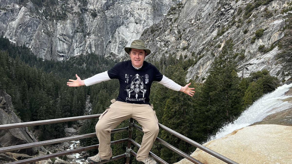 benhunt78's tweet photo. @puscifer representing the ever-expanding Pusciverse atop Vernal Fall in Yosemite National Park last week. The humble Merced River behind me after a steep hike. Nature, nurture, heaven and home/Sum of all and by them driven. #dontleanback https://t.co/54P4ft2vuR