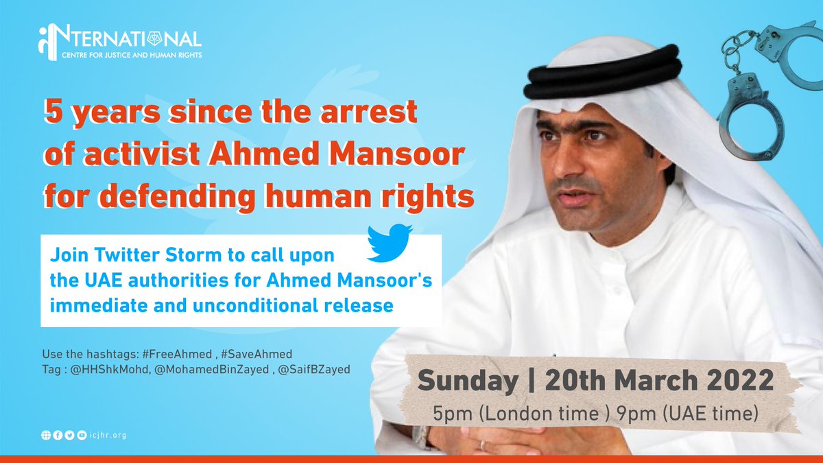 Justice_in_UAE's tweet photo. Join the Twitter storm to call for @Ahmed_Mansoor's release
➡ Today 5pm (London Time) 9 (UAE Time)
@amnesty @DAWN_Arabic
@GulfCentre4HR @CIVICUSalliance
@ISHRglobal @MENA_Rights
@ADHRB @ECDHRbxl
#SaveAhmed #FreeAhmed https://t.co/Vvexf1WG3T