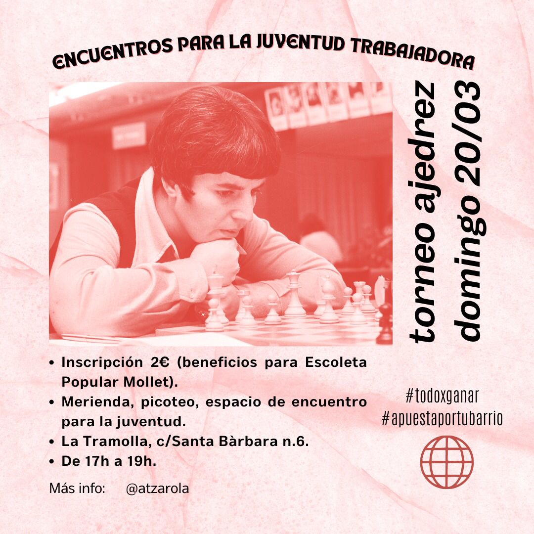 AAtzarola's tweet photo. 🔴 I TROBADA DE JOVENTUT TREBALLADORA 🔴

Des de l'Assemblea de Joves hem engegat una sèrie de trobades amb l'objectiu de generar un punt de trobada entre el jovent. Oci popular,  intercanvi d'idees i presentació del projecte polític.

♟️ AQUESTA TARDA: TORNEIG D'ESCACS ♟️ https://t.co/IKVt9aMD1N