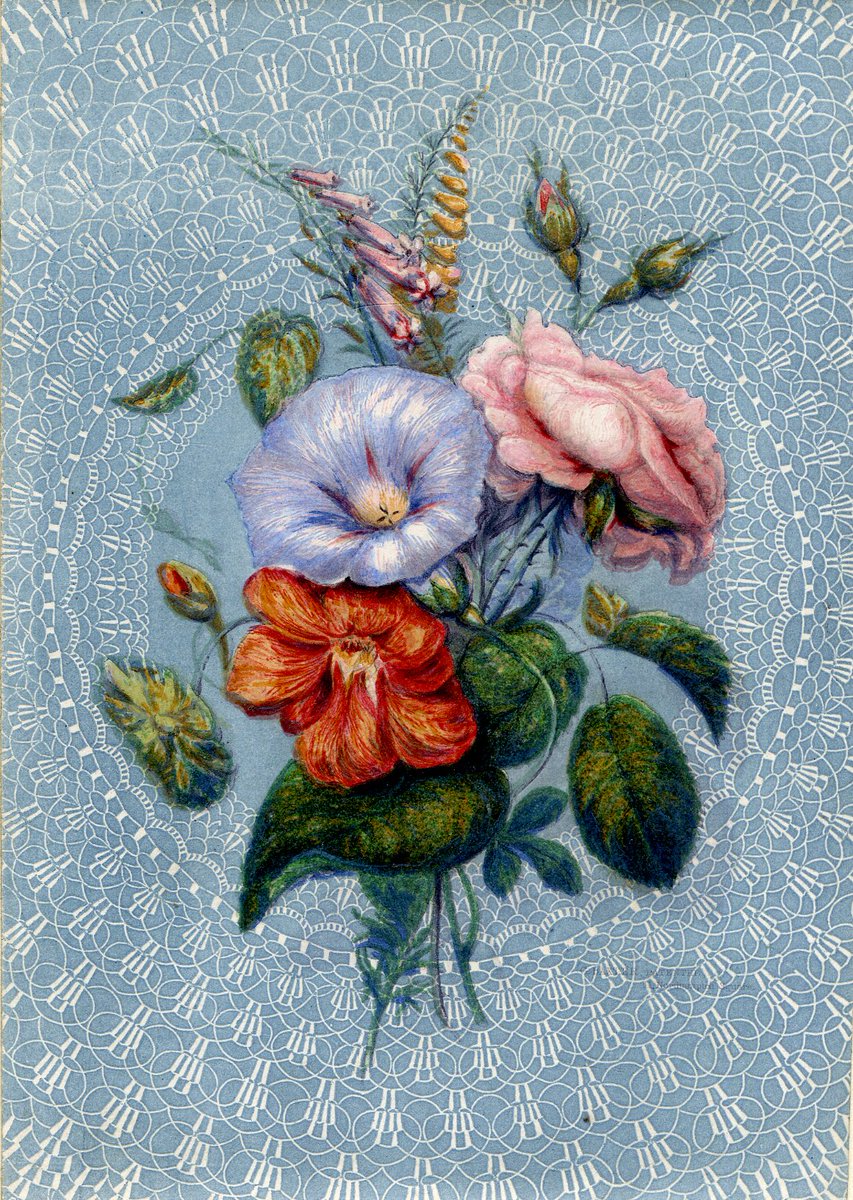 A bouquet of colourful flowers against a blue patterned background. 