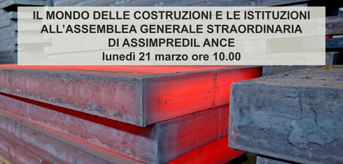 Domani, 21 marzo, ore 10 Assemblea Straordinaria Assimpredil Ance: il mondo delle costruzioni e le Istituzioni insieme per rispondere alla crisi.
De Albertis: "trovare insieme strategie per salvaguardare lavoratori e imprese e non chiudere i cantieri".
👉bit.ly/3CTU7wx