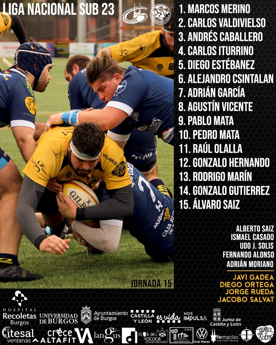 RugbyAparejos's tweet photo. 🏉 Esta es nuestra convocatoria para la decimoquinta jornada de Liga Nacional Sub 23
🆚️ @GernikaRT
⏰ 12:00h
🏟 San Amaro 
Síguelo 📺👉🏼 https://t.co/ohX4jglGMd
@ferugby
🖤💛🖤
#UnFuturoContigo https://t.co/TzVpWTrqqF