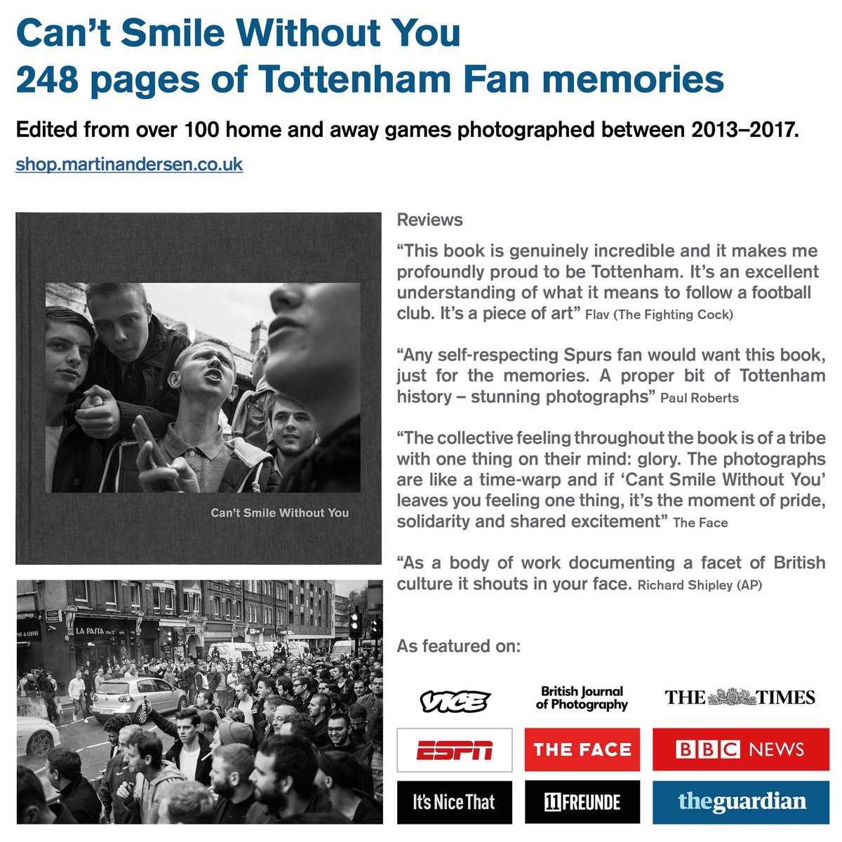AndersenMStudio's tweet image. IT'S MATCH-DAY! West Ham at home.
Here are some memories from past West Ham encounters taken from the 248-page beautiful photo book ’Can’t Smile Without You’, following the Spurs fans home and away from 2013–2017. 
Very few copies are now available.
shop.martinandersen.co.uk