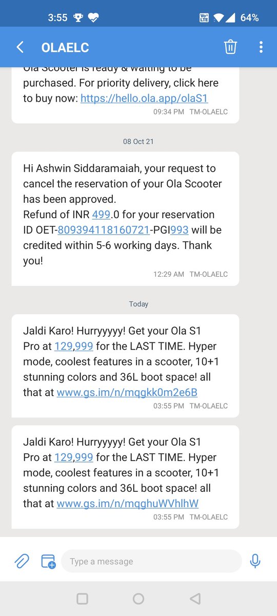 ashwinsid's tweet image. @OlaElectric @bhash STOP SPAMMING. Why is everything about so horrible? Your products are pathetic quality and now daily dozens of messages. Have some shame. #olaspam #avoidola