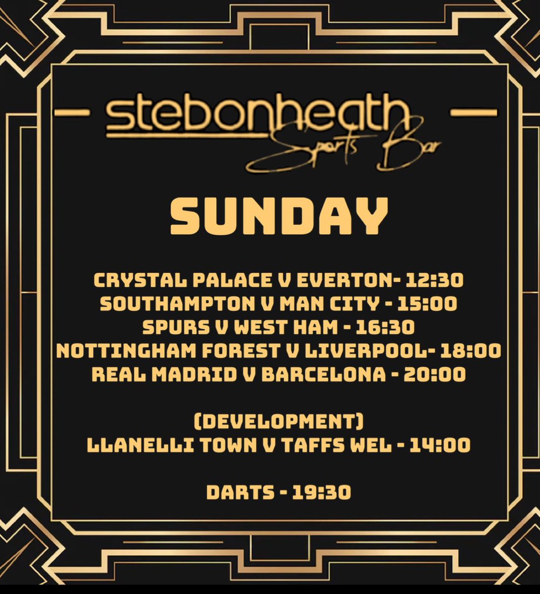 🎯🍻⚽️A very busy day here at Stebonheath Sports Bar with live football across all of our screens &amp; a development game on the pitch to add as <a href="/LlanelliTownAFC/">Llanelli Town AFC 🏴󠁧󠁢󠁷󠁬󠁳󠁿</a> take on <a href="/Taffswellfc/">Taffs Well FC</a> plus our Darts team home in the cup this evening.