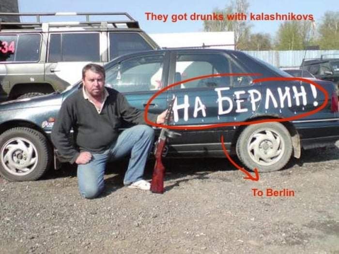 BabychValentyn's tweet photo. While Olaf Scholz is trying to convince us that Putin is the only one to blame for the war, let's remind everyone that Russians write "To Berlin" on their weapons and military vehicles and do the same with their cars every year on Victory day. https://t.co/39jBCY20Wv