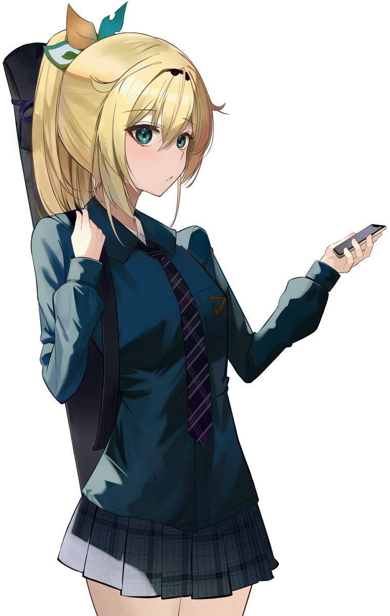 kazama iroha 1girl blonde hair skirt solo necktie phone cellphone  illustration images