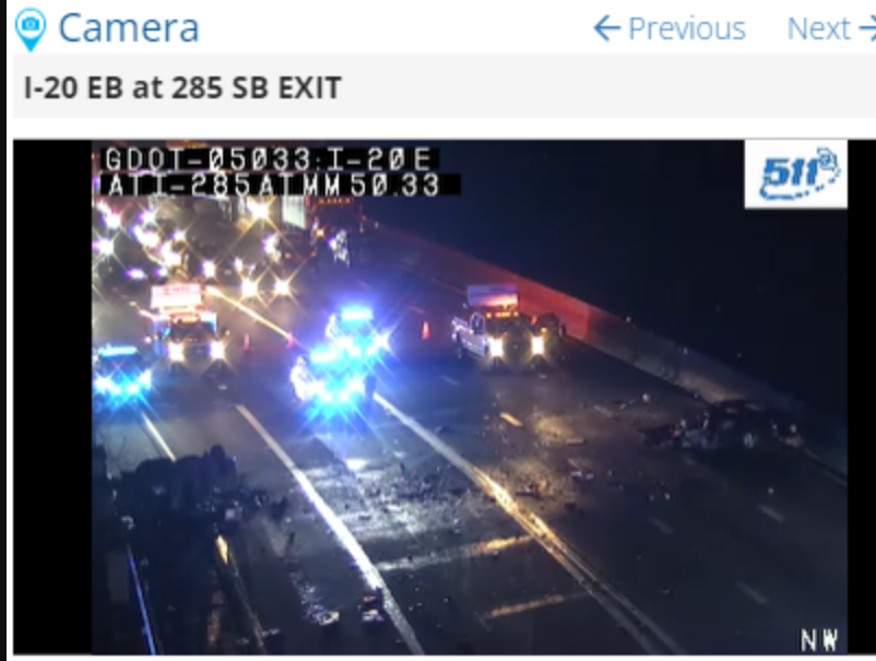 Fox5Kaitlyn's tweet photo. TRAFFIC ALERT -- AVOID! 
This is I-20 East near Exit 51 

Terrible wreck has shut down all lanes. 
We are working to find out the cause / extent of any injuries. 

Updates on @GoodDayAtlanta https://t.co/WBrC3QozOk