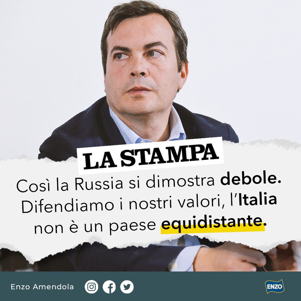 amendolaenzo's tweet photo. I toni di #Mosca sono inaccettabili, una propaganda segno di debolezza che non ci preoccupa. L’Italia non è equidistante. Continueremo a difendere i nostri valori di democrazia e unità europea, al fianco del popolo ucraino 🇮🇹🇪🇺🇺🇦
Oggi su @LaStampa
https://t.co/OmrhHE73Ji https://t.co/RLAMGGUXjN