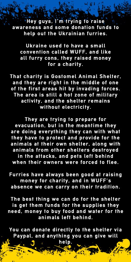 A_Doverspike's tweet photo. This war has been hard to watch, and even harder seeing all the animals suffer. Ukraine had a small furcon called WUFF, the shelter they sponsored for their charity is in dire need of help.
Please read, share, and help. 

https://t.co/hyqUeft8UN
https://t.co/2Q6RbLBClk https://t.co/zHBmjF8dXJ