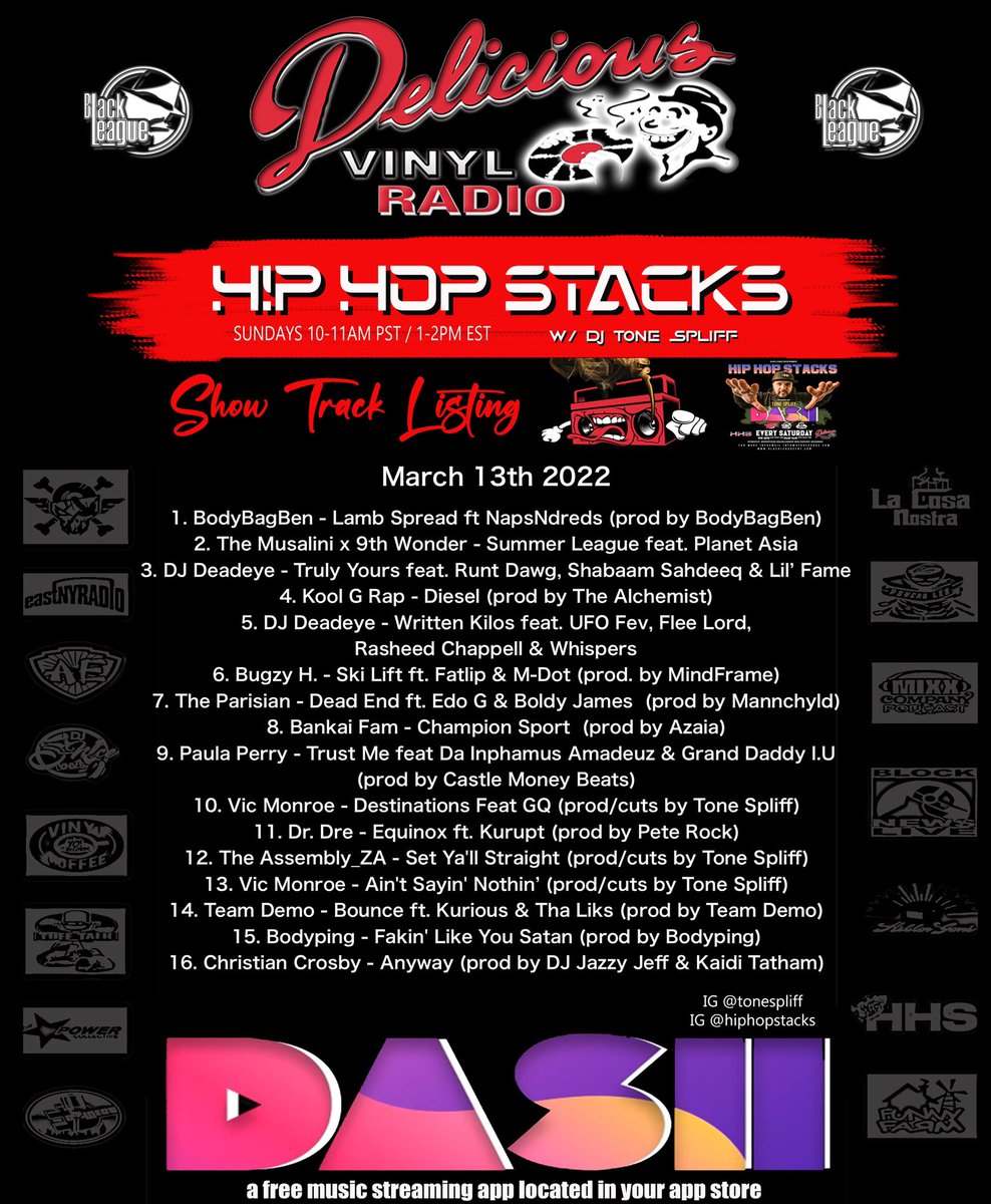 ToneSpliff's tweet photo. Check out last week’s @HipHopStacks tracklist on @DeliciousVinyl radio on @dash_radio • new episode today at 1pm ET / 10am PT. Brought to you by Black League Ent.

#HipHop #BoomBap #UndergroundHipHop #DashRadio #DeliciousVinyl https://t.co/Sj1Ufxrp7e