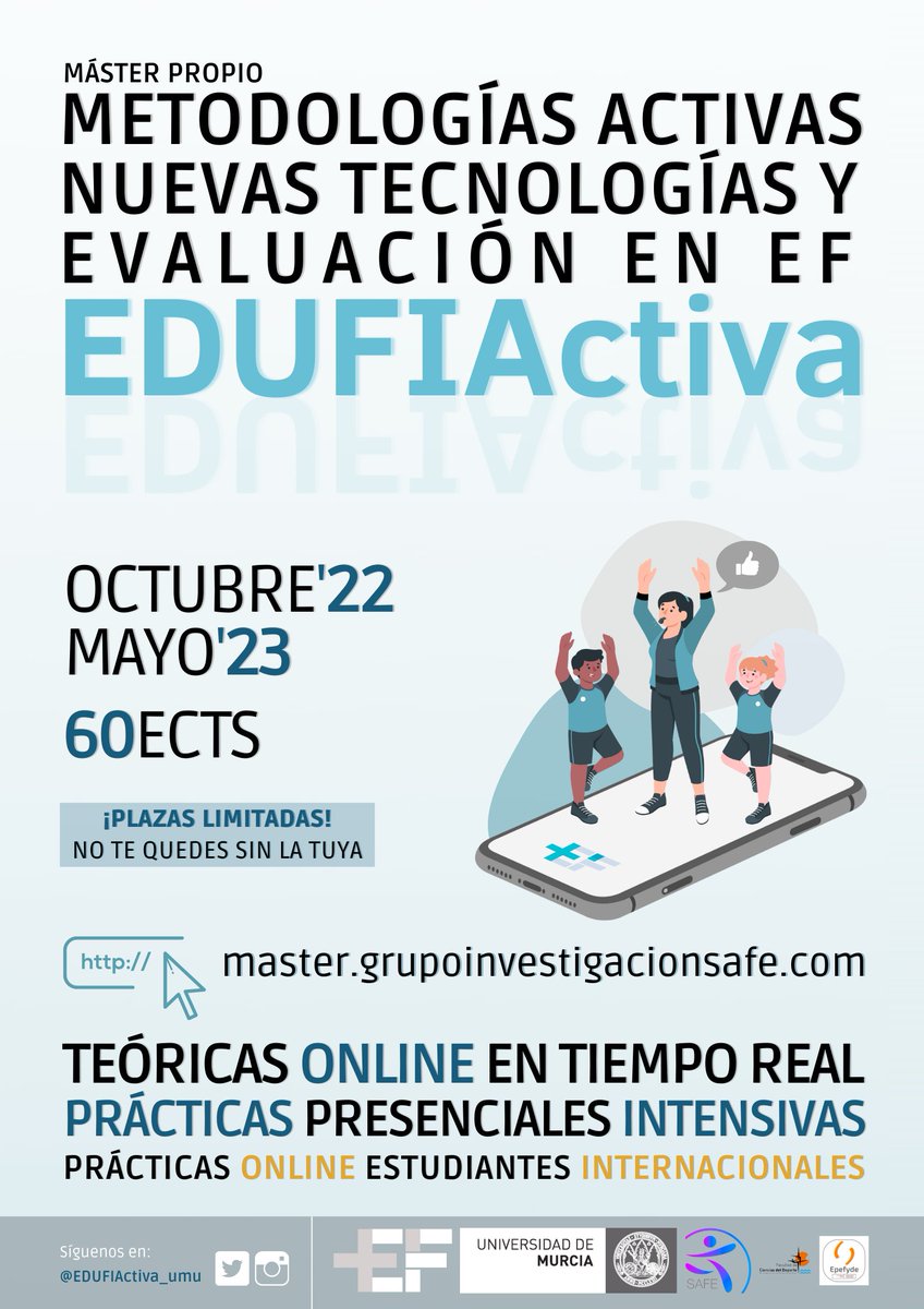 EDUFIActiva_umu's tweet photo. 💥¡Presentamos el cartel del Máster #EDUFIActiva!💥

Ya está abierto el plazo de Inscripción para la I Edición del Máster en Metodologías Activas, Nuevas Tecnologías y Evaluación en EF de la @umucafd @UMU

📝 ¿Cómo realizar tu inscripción? ⬇️
https://t.co/ER6S2rkN6A https://t.co/q2QIHPnSh4