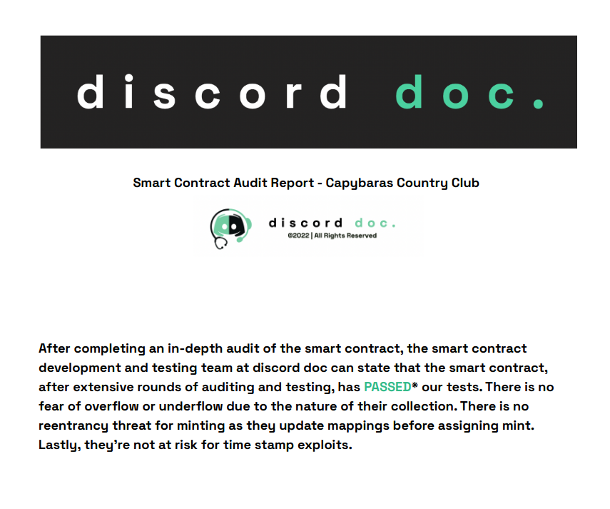 CapybarasCC's tweet photo. CONTRACT AUDITED ✅

We have audited our mint contract with @discorddoc_
https://t.co/sKgqOHmD7H

Gas optimized 🍃
・ERC-721A.
・Merkle proof verification.

We are taking into account all necessary measures to assure a smooth mint for Capybaras ❤️ https://t.co/tw3Iv2P3Jy