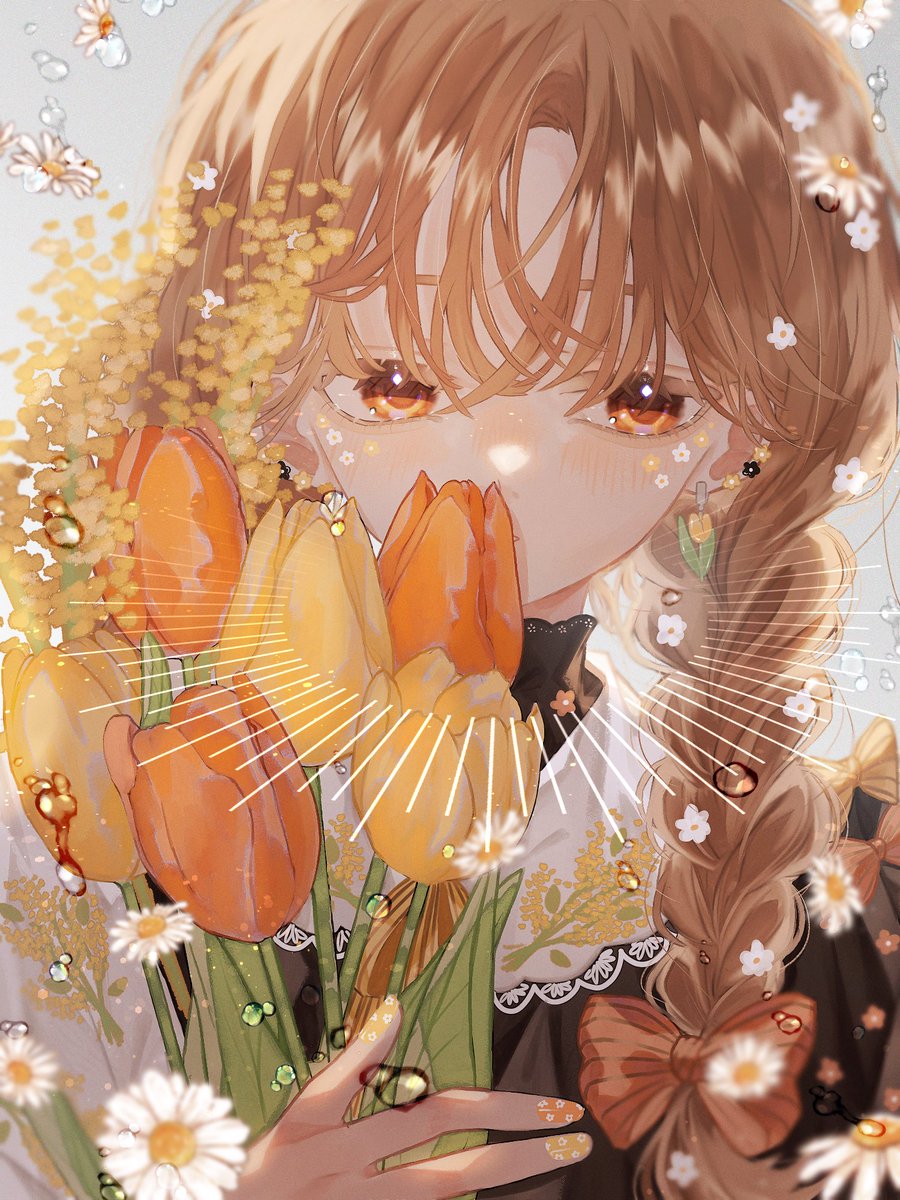 1girl flower solo braid holding brown hair looking at viewer  illustration images