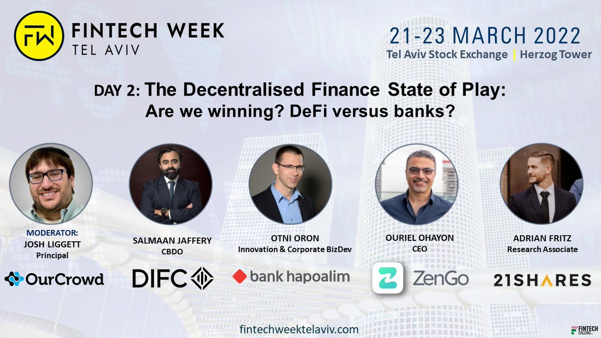 Join us this week live in person at <a href="/tlvfw/">Fintech Week Tel Aviv</a>. Principal Josh Ligett will be moderating this panel on decentralized finance on March 22. On Day 3, hear from <a href="/SabahALBINALI/">Sabah al-Binali</a>, Executive Chairman of OurCrowd Arabia and Our Crowd CEO <a href="/jonmedved/">Jon Medved</a>.    fintechweektelaviv.com. #fintech