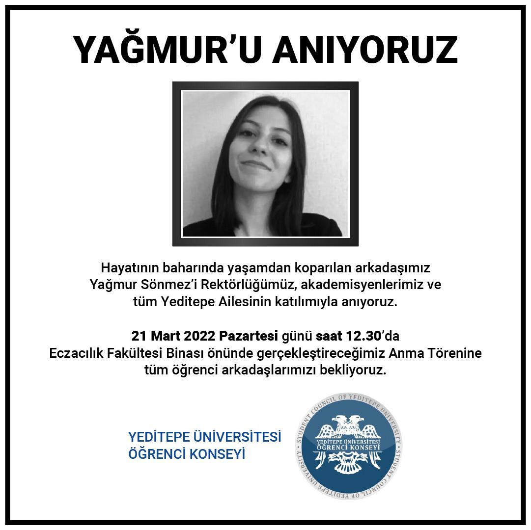 Yeditepe Üni. Öğrenci Konseyi (@7tepekonsey) on Twitter photo Acı kaybımız öğrenci arkadaşımız Yağmur Sönmez'i tüm Yeditepe Ailesiyle yarın (21 Mart) 12.30da üniversitemizin Eczacılık Fakültesi önünde anıyoruz. Hepimizin başı sağ olsun. Nur içinde uyu Yağmur
<a href="/YeditepeUni/">YeditepeÜniversitesi</a> Acı kaybımız öğrenci arkadaşımız Yağmur Sönmez'i tüm Yeditepe Ailesiyle yarın (21 Mart) 12.30da üniversitemizin Eczacılık Fakültesi önünde anıyoruz. Hepimizin başı sağ olsun. Nur içinde uyu Yağmur
<a href="/YeditepeUni/">YeditepeÜniversitesi</a>