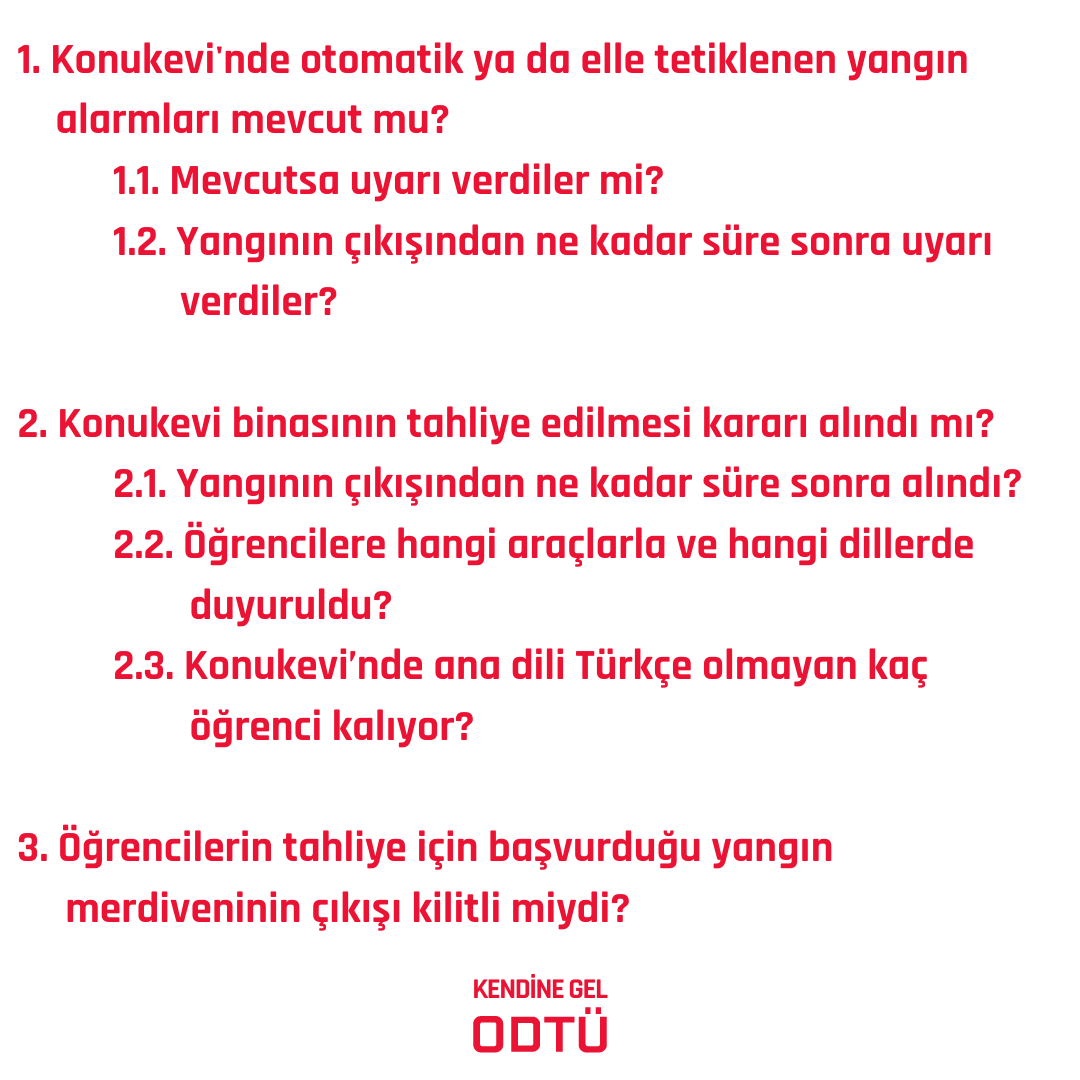 kendinegelodtu's tweet photo. Bu sabah ODTÜ Osman Yazıcı Konukevinde çıkan küçük çaplı yangın, Konukevi yetkililerinin acil durum yönetiminde ciddi ihmalleri olduğunu gösterdi. Bunları yazılı şekilde ortaya koymak ve çözülmesini sağlamak için Yurtlar Müdürlüğüne aşağıdaki soruları sorduk: https://t.co/BHu2GUatUU