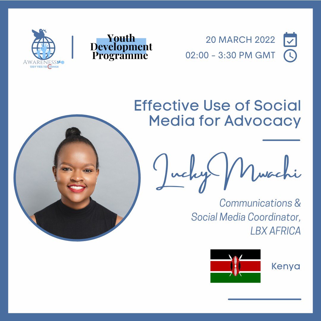 awareness_360's tweet photo. We are honored to have Lucky Mwachi, a social media marketing professional and a successful figure in the internet community, join us as a Guest Speaker live from Kenya 🇰🇪 for our ninth session of the Youth Development Programme on “Effective Use of Social Media for Advocacy”! https://t.co/IxH4u598lW