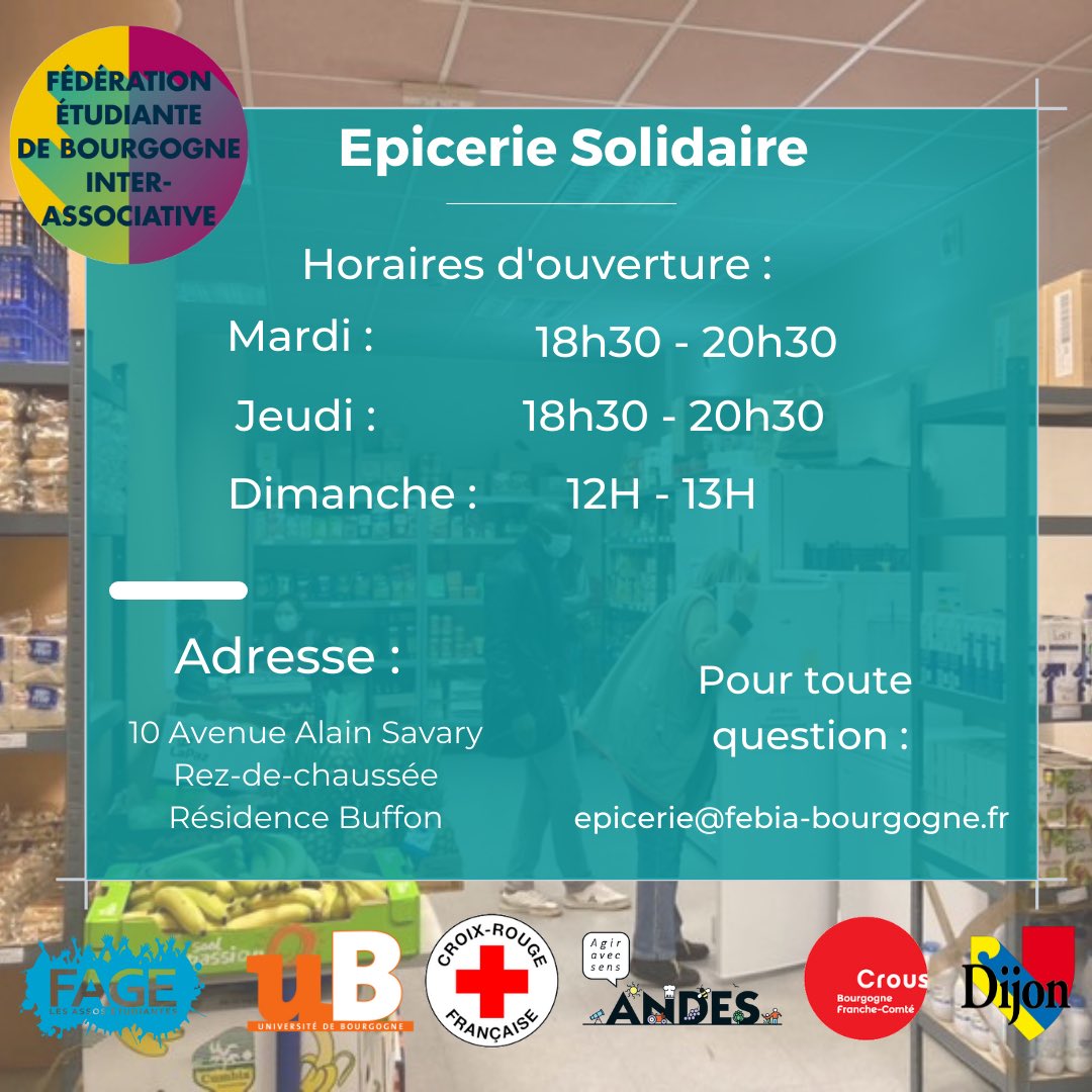 FEBIA_bourgogne's tweet photo. [Epicerie] 

Horaires d’ouverture : 
➡️ Mardi/Jeudi : 18h30 - 20h30 
➡️ Dimanche : 12h - 13h 

Opening Hours : 
➡️ Tuesday/Thursday : 6.30p.m - 8.30p.m 
➡️ Sunday : 12a.m - 1p.m 

❗️Pour toute question : epicerie@febia-bourgogne.fr https://t.co/PHkaapmfRJ