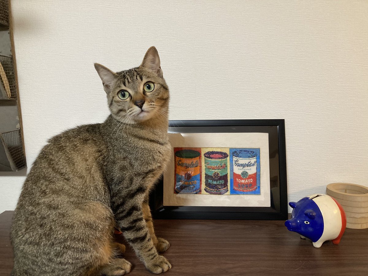 a_stitch_i's tweet photo. アンディーウォーホルの缶やっと飾った〜🥫🥫🥫

完成は去年の末にしてたけど放ったらかしで、やっと額を買ってきて入れた。ほんとにやっと！😂笑

そして撮影してたら飼い猫グイグイ入ってくる。
#クロスステッチ
#アンディーウォーホル
#andywarhol
#キャンベル https://t.co/qzrFOhhiMT