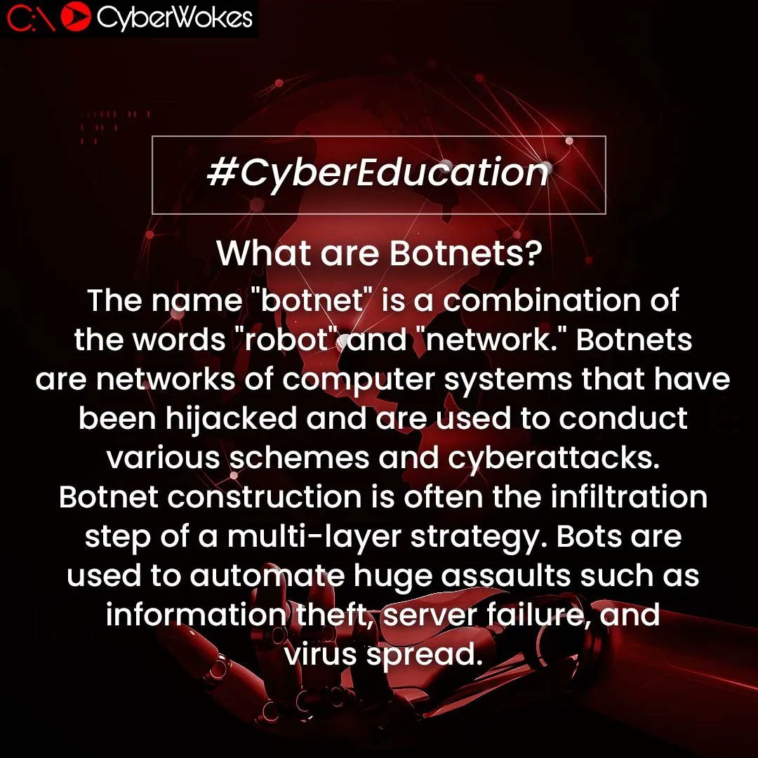 CyberWokes's tweet photo. Botnets are designed to expand, automate, and accelerate a hacker's capacity to carry out bigger assaults. Botnets utilize your gadgets to defraud others or create disturbances without your consent. 

#cybersecuritynews #cybersecurityjobs #career #ethicalhacking #technology https://t.co/trlIpOUkRA